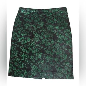 J. Crew Factory The Pencil Skirt Navy with Emerald‎ Metallic Brocade Size 2